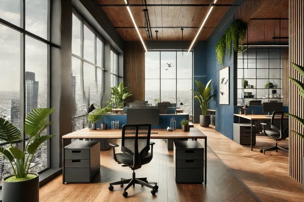 DALL·E-2024-10-14-14.42.31-A-realistic-modern-small-office-inspired-by-eco-friendly-principles-with-the-decor-in-navy-blue-mixed-with-dark-oak-wood.-The-walls-feature-large-win